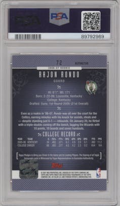 Rajon Rondo  from the 2006-07 Topps Finest set featuring a Refractor parallel graded by PSA and given an overall grade of 10.