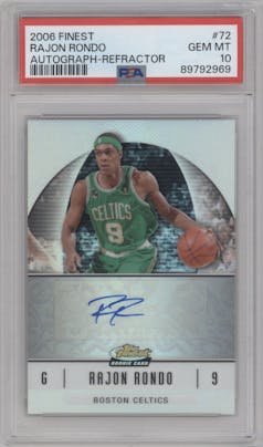 Rajon Rondo  from the 2006-07 Topps Finest set featuring a Refractor parallel graded by PSA and given an overall grade of 10.