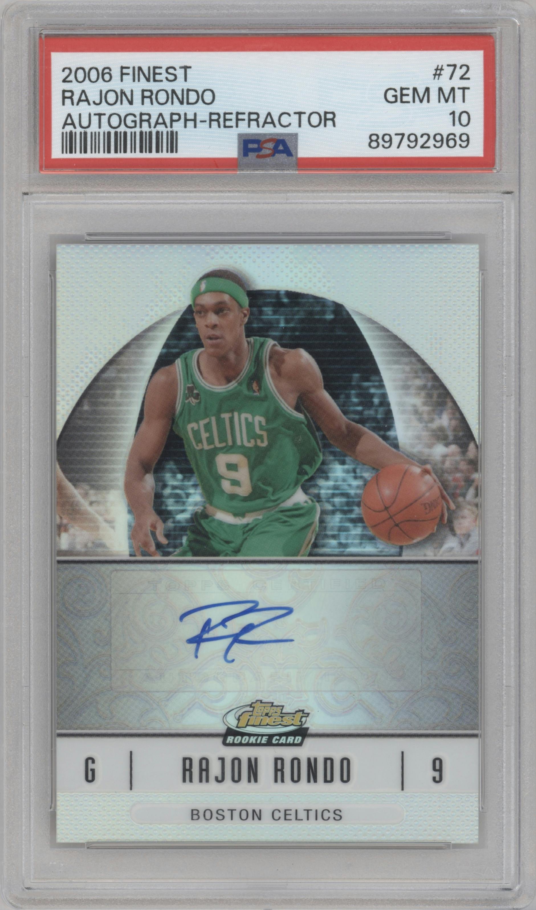 Rajon Rondo  from the 2006-07 Topps Finest set featuring a Refractor parallel graded by PSA and given an overall grade of 10.