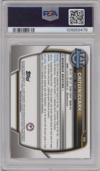 Caitlin Clark from the 2022-23 Bowman University Chrome set graded by PSA and given an overall grade of 10.