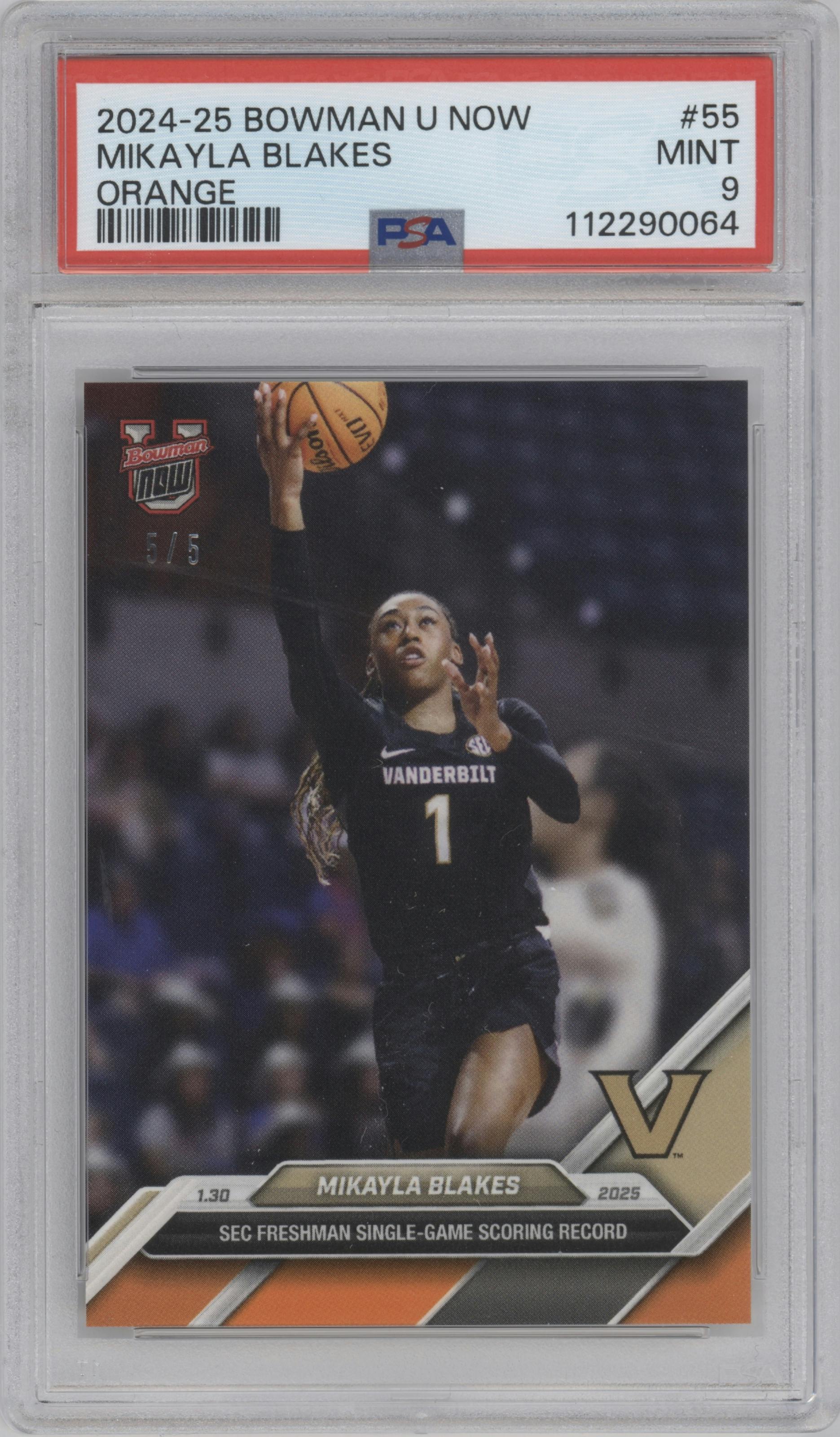Mikayla Blakes from the 2024-25 Bowman U Now set featuring a Orange parallel graded by PSA and given an overall grade of 9.