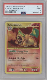 Charizard from the 2008 Pokemon D&P set graded by PSA and given an overall grade of 9.