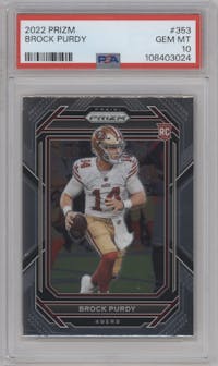 Brock Purdy from the 2022 Panini Prizm set graded by PSA and given an overall grade of 10.