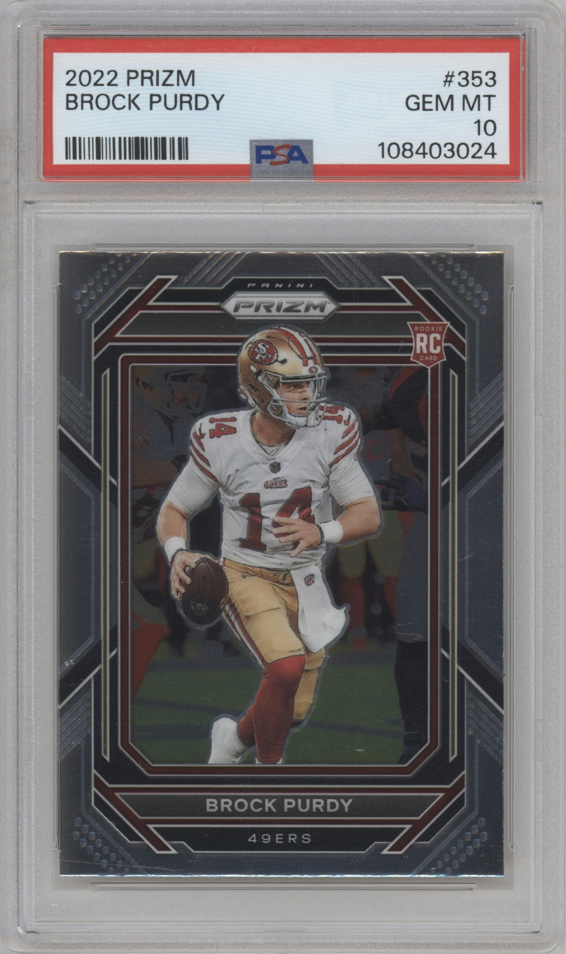 Brock Purdy from the 2022 Panini Prizm set graded by PSA and given an overall grade of 10.