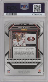 Brock Purdy from the 2022 Panini Prizm set graded by PSA and given an overall grade of 10.