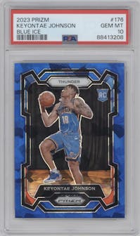 Keyontae Johnson from the 2023-24 Panini Prizm set featuring a Blue Ice parallel graded by PSA and given an overall grade of 10.