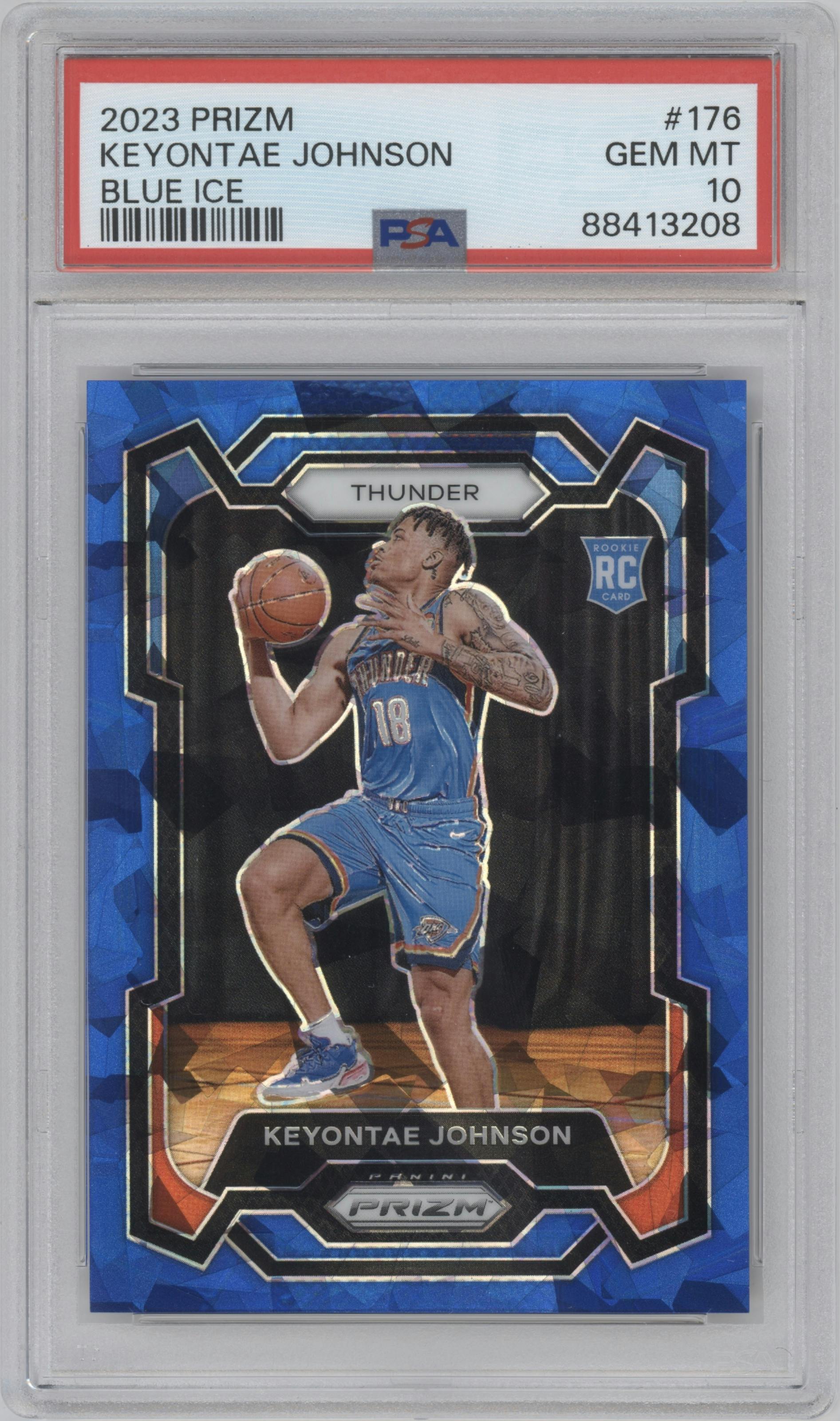 Keyontae Johnson from the 2023-24 Panini Prizm set featuring a Blue Ice parallel graded by PSA and given an overall grade of 10.