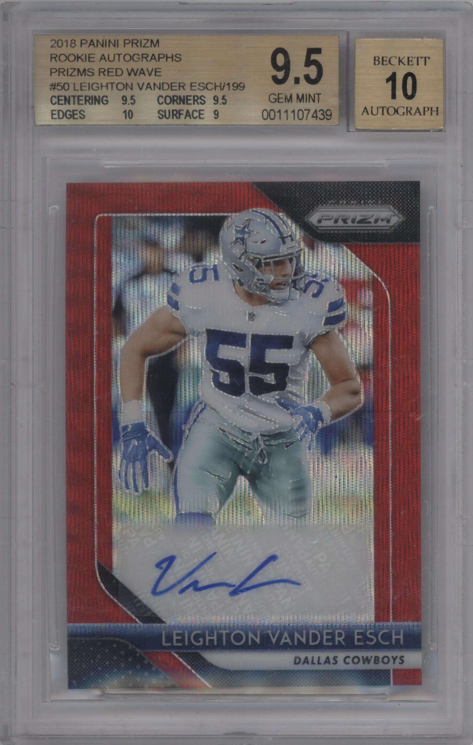 2018 Panini Prizm Rke.Auto Leighton Vander Esch Red Wave Prizm BGS 9.5