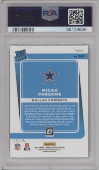 Micah Parsons from the 2021 Panini Donruss Optic set featuring a Lime Green parallel graded by PSA and given an overall grade of 10.