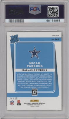 Micah Parsons from the 2021 Panini Donruss Optic set featuring a Lime Green parallel graded by PSA and given an overall grade of 10.