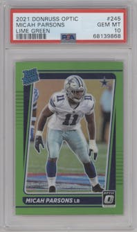 Micah Parsons from the 2021 Panini Donruss Optic set featuring a Lime Green parallel graded by PSA and given an overall grade of 10.