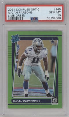 Micah Parsons from the 2021 Panini Donruss Optic set featuring a Lime Green parallel graded by PSA and given an overall grade of 10.