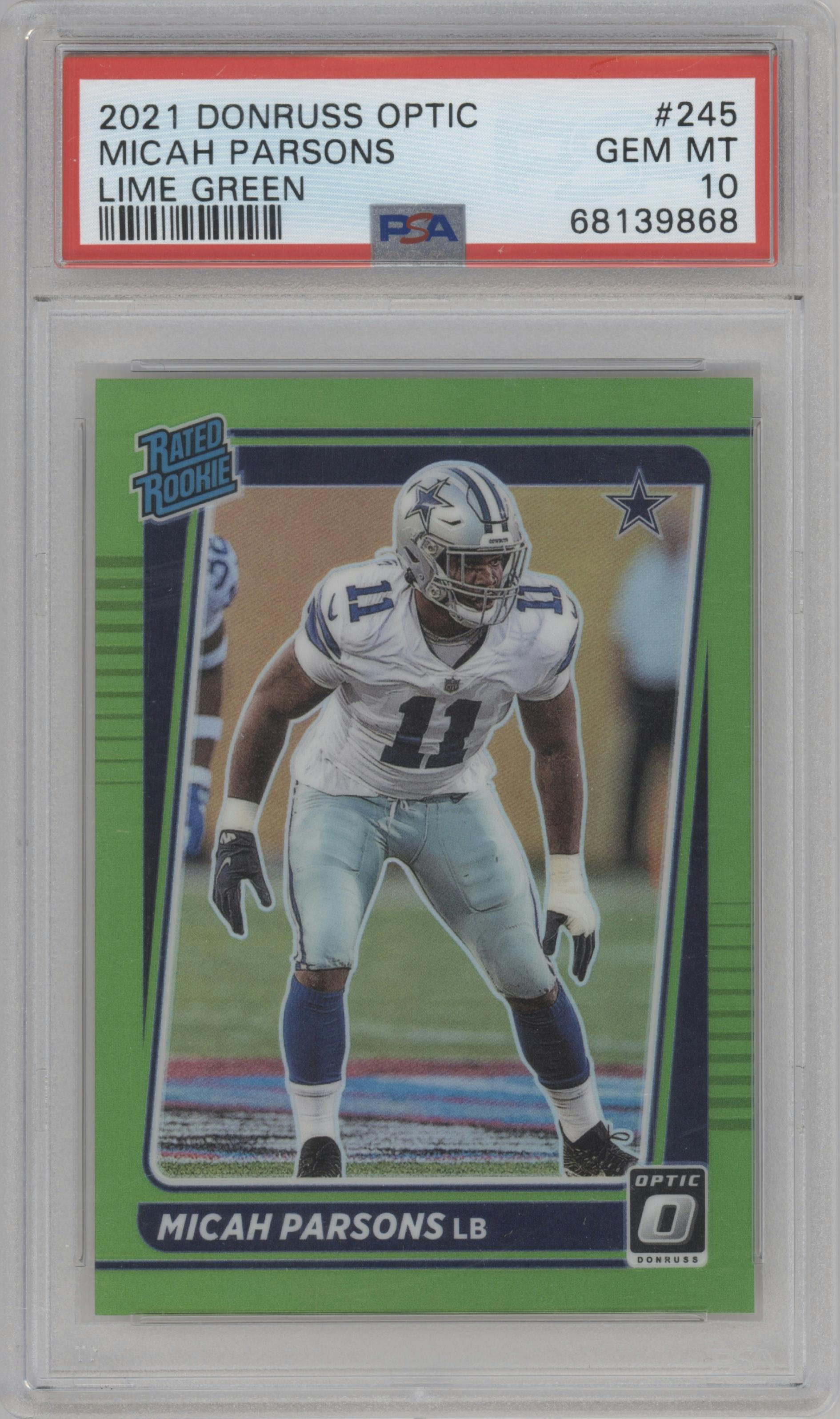 Micah Parsons from the 2021 Panini Donruss Optic set featuring a Lime Green parallel graded by PSA and given an overall grade of 10.