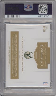 Giannis Antetokounmpo from the 2016-17 Panini Flawless  set featuring a Ruby parallel graded by PSA and given an overall grade of 10.