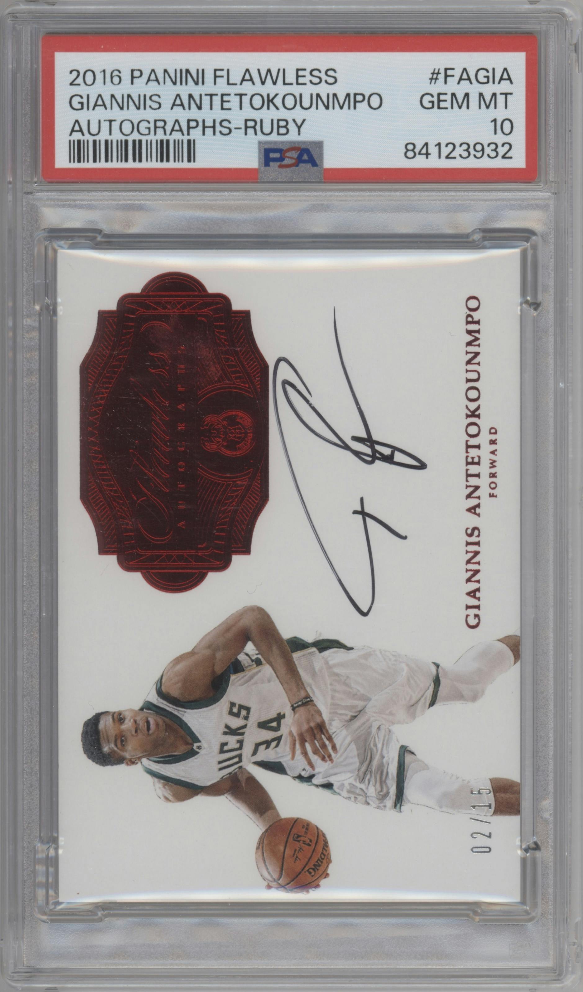 Giannis Antetokounmpo from the 2016-17 Panini Flawless  set featuring a Ruby parallel graded by PSA and given an overall grade of 10.