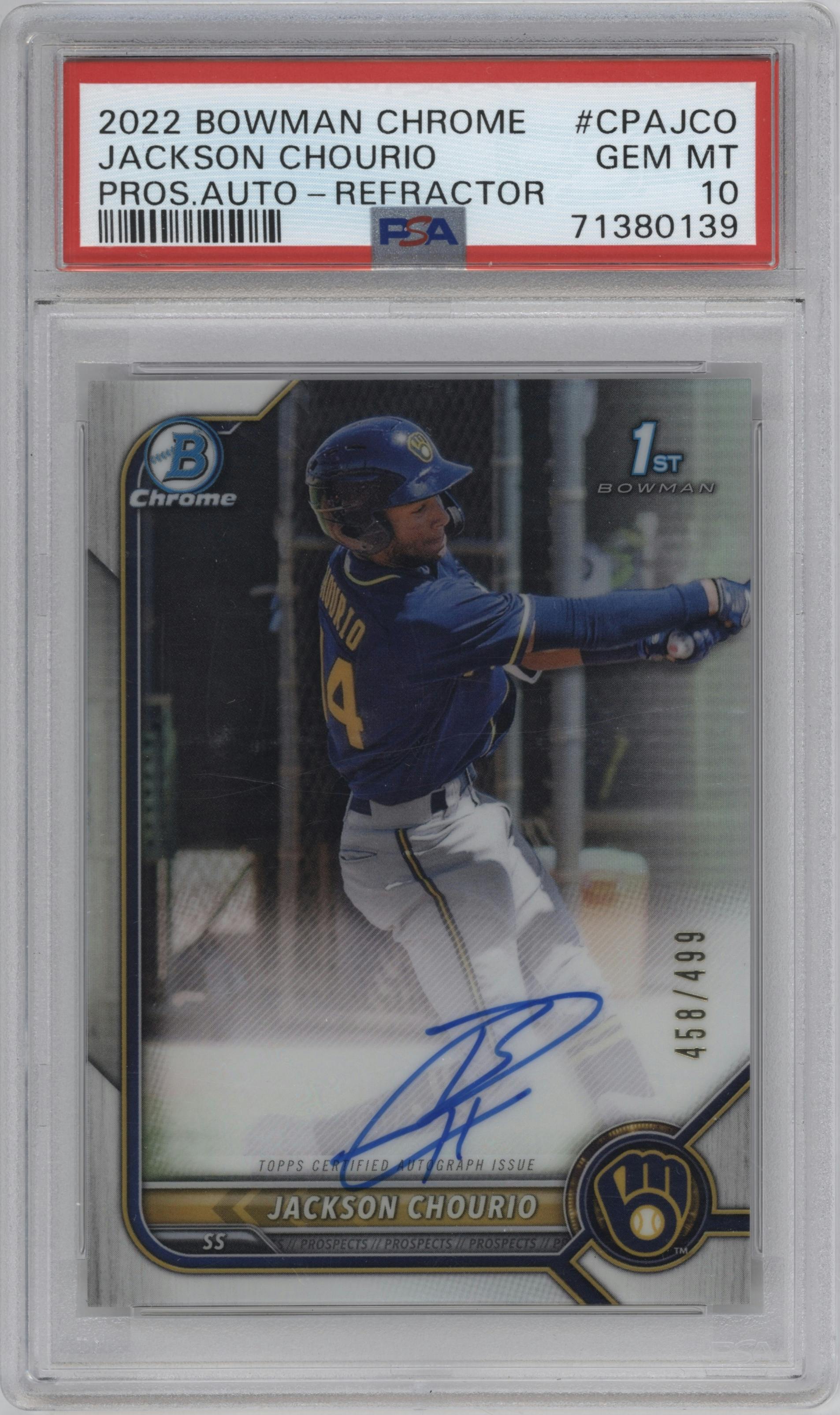 Jackson Chourio from the 2022 Bowman Chrome set featuring a Refractor parallel graded by PSA and given an overall grade of 10.