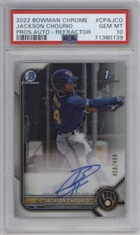 Jackson Chourio from the 2022 Bowman Chrome set featuring a Refractor parallel graded by PSA and given an overall grade of 10.