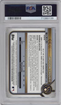 Jackson Chourio from the 2022 Bowman Chrome set featuring a Refractor parallel graded by PSA and given an overall grade of 10.