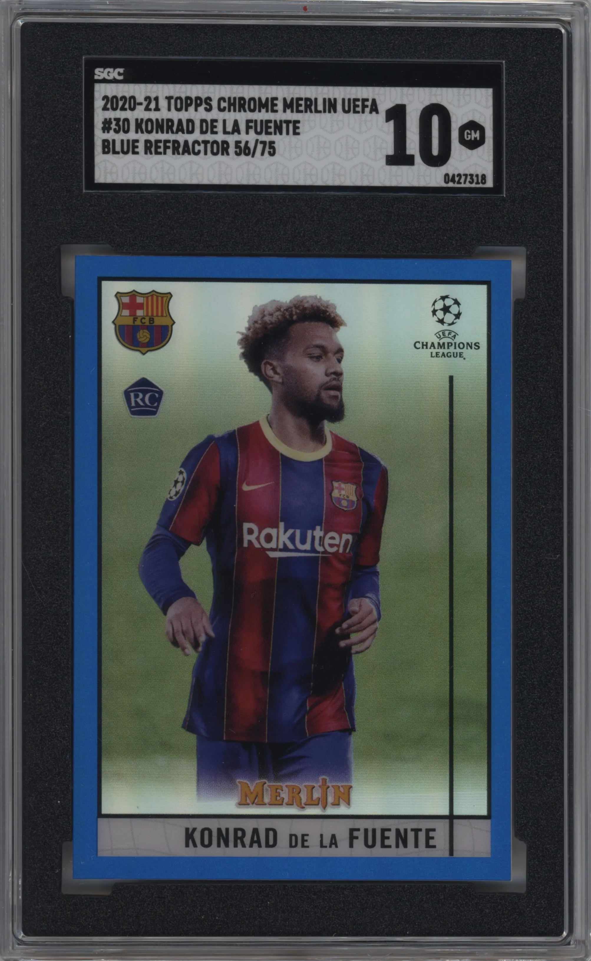 2020 Topps Chrome Merlin UEFA Konrad de la Fuente Blue Refractor #30 SGC 10