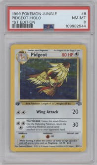 Pidgeot from the 1999 Pokemon set graded by PSA and given an overall grade of 8.