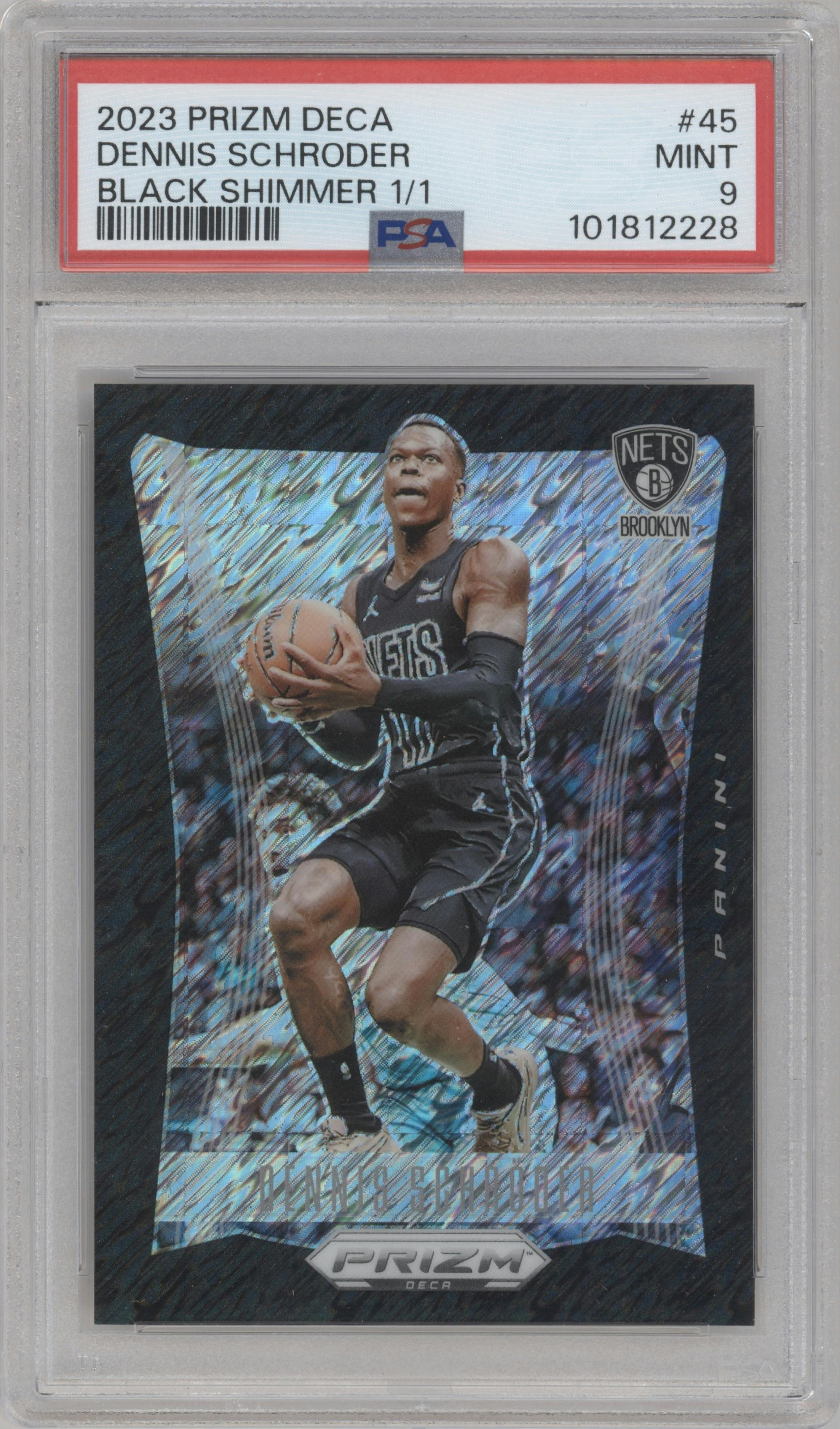 Dennis Schroder from the 2023-24 Panini Prizm Deca set featuring a Black Shimmer parallel graded by PSA and given an overall grade of 9.