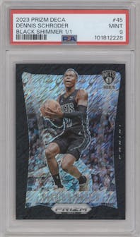 Dennis Schroder from the 2023-24 Panini Prizm Deca set featuring a Black Shimmer parallel graded by PSA and given an overall grade of 9.