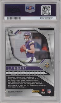 J.J. McCarthy from the 2024 Panini Prizm set graded by PSA and given an overall grade of 10.