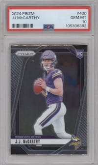 J.J. McCarthy from the 2024 Panini Prizm set graded by PSA and given an overall grade of 10.