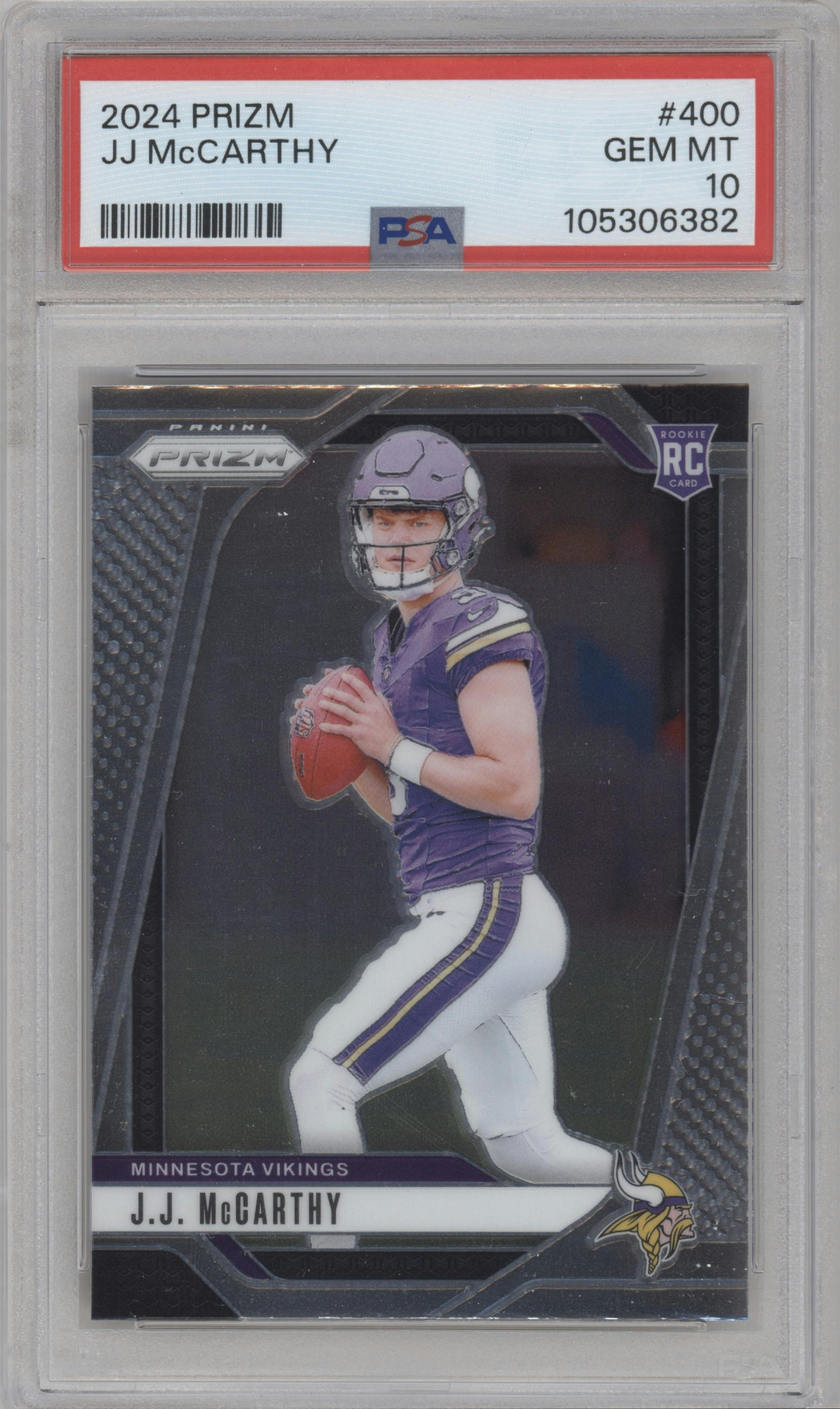 J.J. McCarthy from the 2024 Panini Prizm set graded by PSA and given an overall grade of 10.