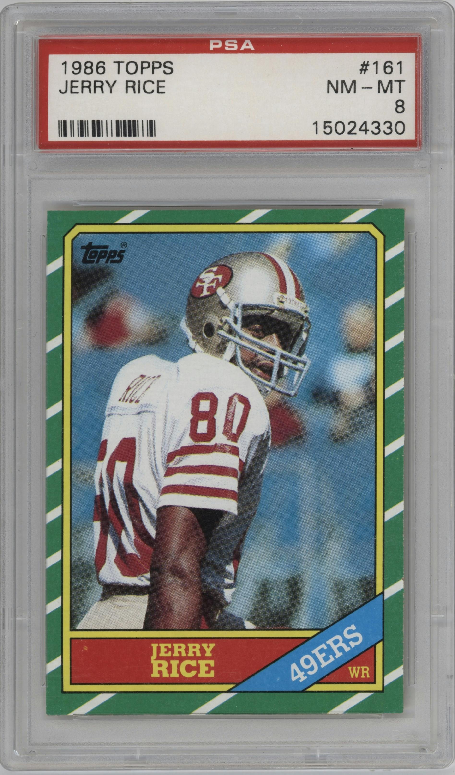 Jerry Rice from the 1986 Topps set graded by PSA and given an overall grade of 8.