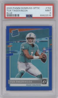 Tua Tagovailoa from the 2020 Panini Donruss Optic set featuring a Blue parallel graded by PSA and given an overall grade of 9.