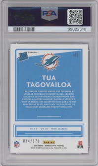 Tua Tagovailoa from the 2020 Panini Donruss Optic set featuring a Blue parallel graded by PSA and given an overall grade of 9.