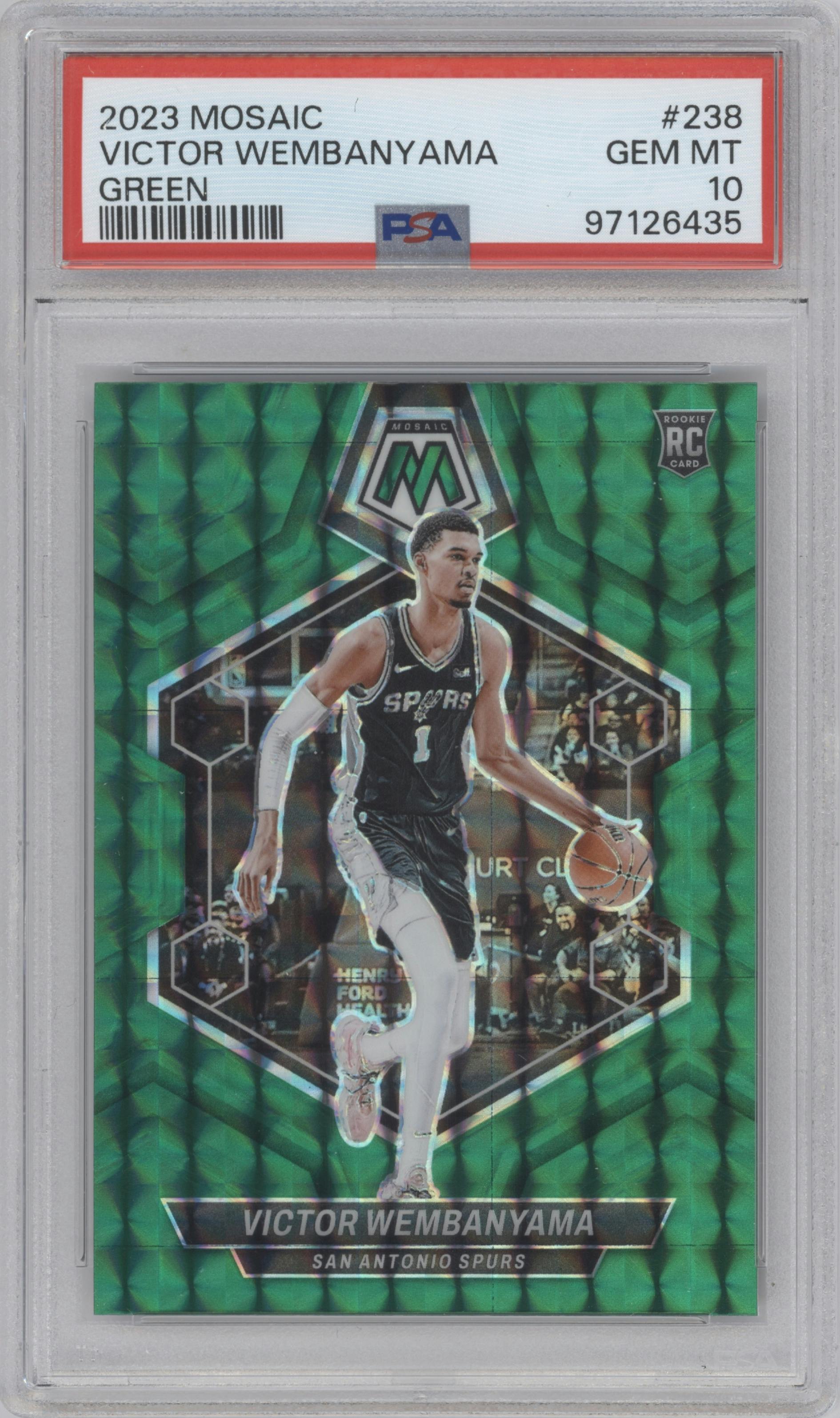 Victor Wembanyama from the 2023-24 Panini Mosaic set featuring a Green Mosaic parallel graded by PSA and given an overall grade of 10.