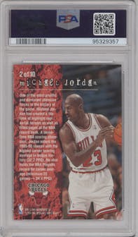 Michael Jordan from the 1995-96 Fleer set featuring a Hot Pack parallel graded by PSA and given an overall grade of 9.