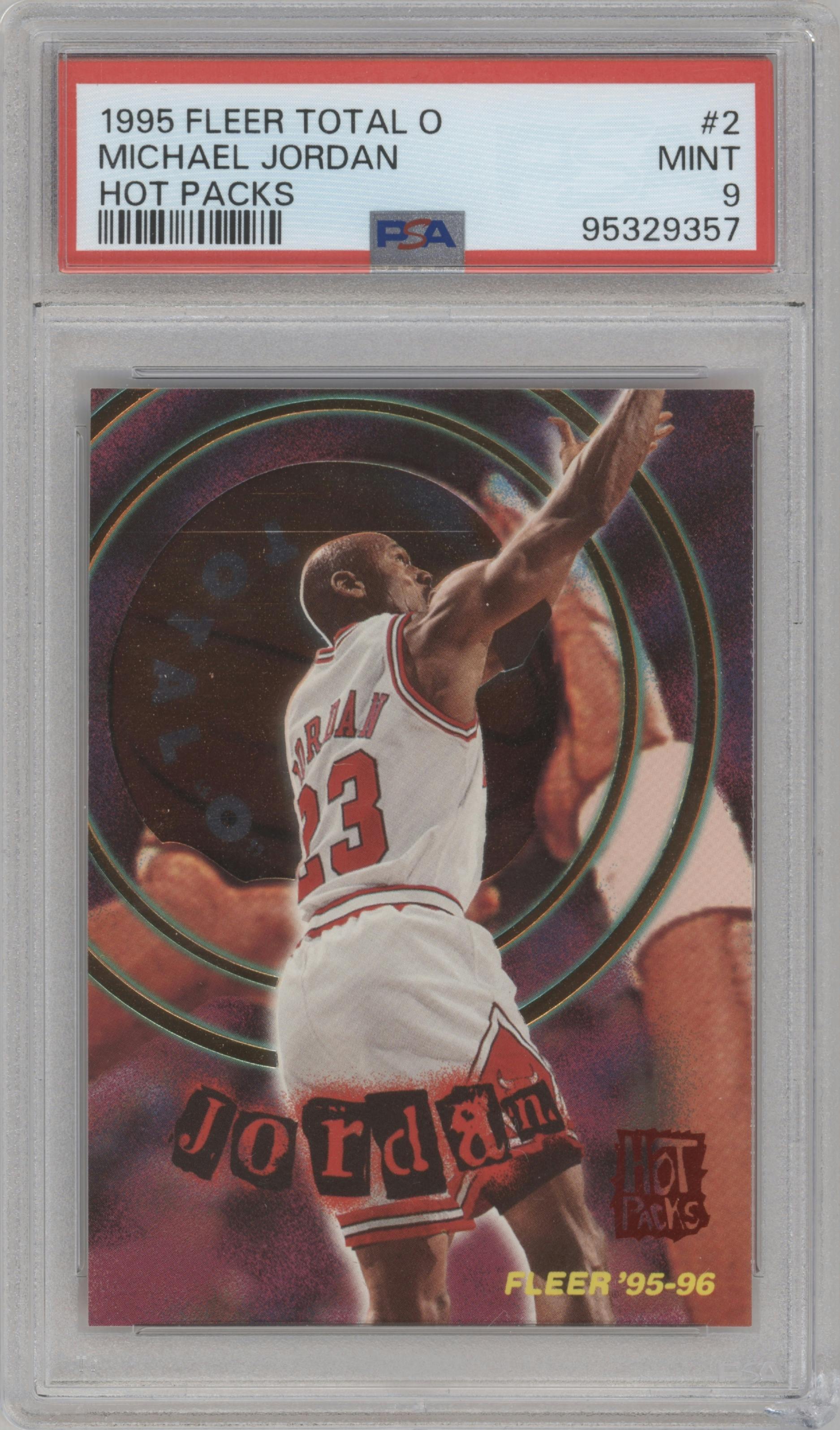 Michael Jordan from the 1995-96 Fleer set featuring a Hot Pack parallel graded by PSA and given an overall grade of 9.