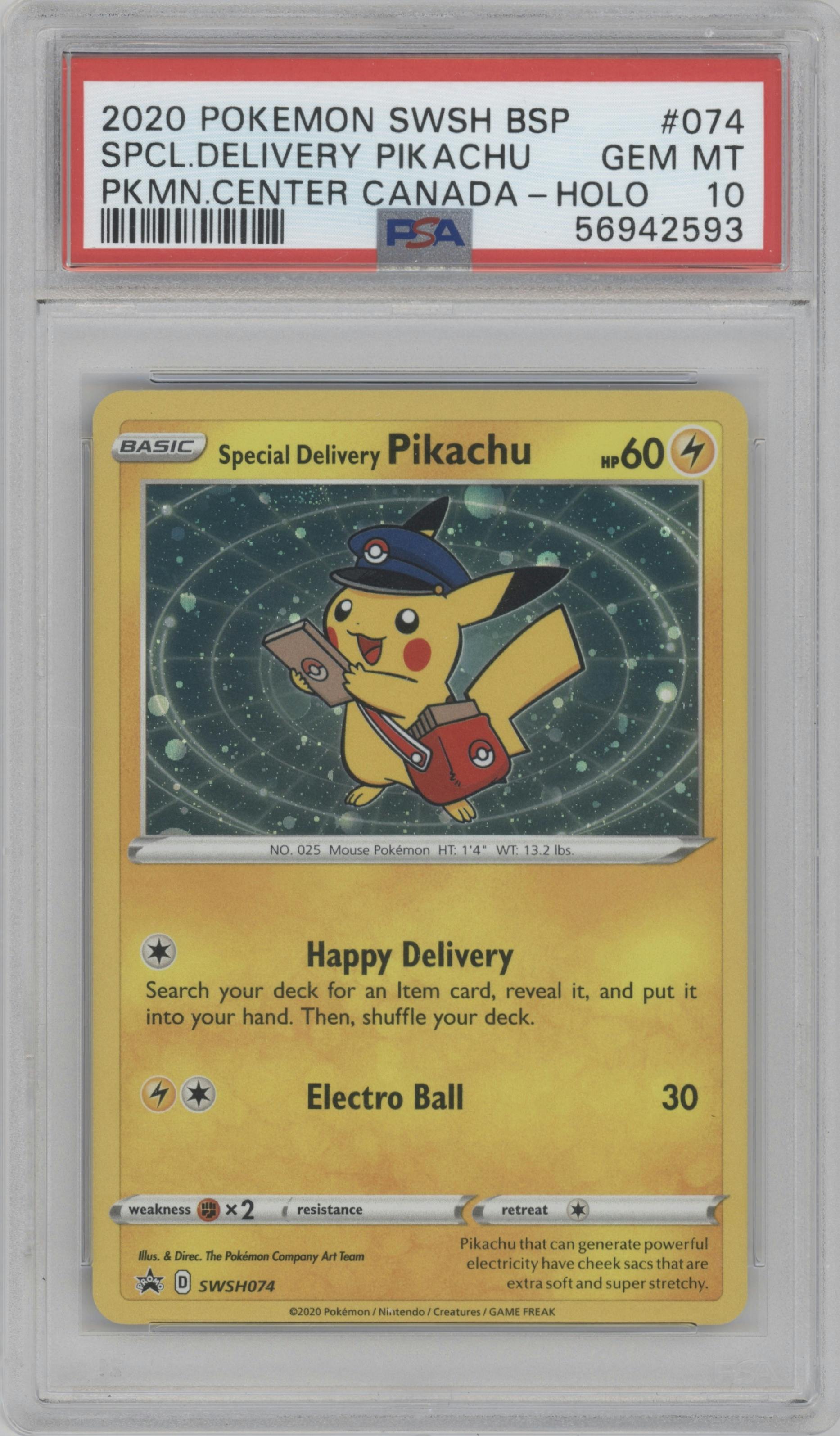 Special Delivery Pikachu from the 2020 Pokemon SWSH set featuring a Pokemon Center US and Canada parallel graded by PSA and given an overall grade of 10.
