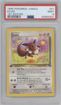 Eevee from the 1999 Pokemon set graded by PSA and given an overall grade of 9.