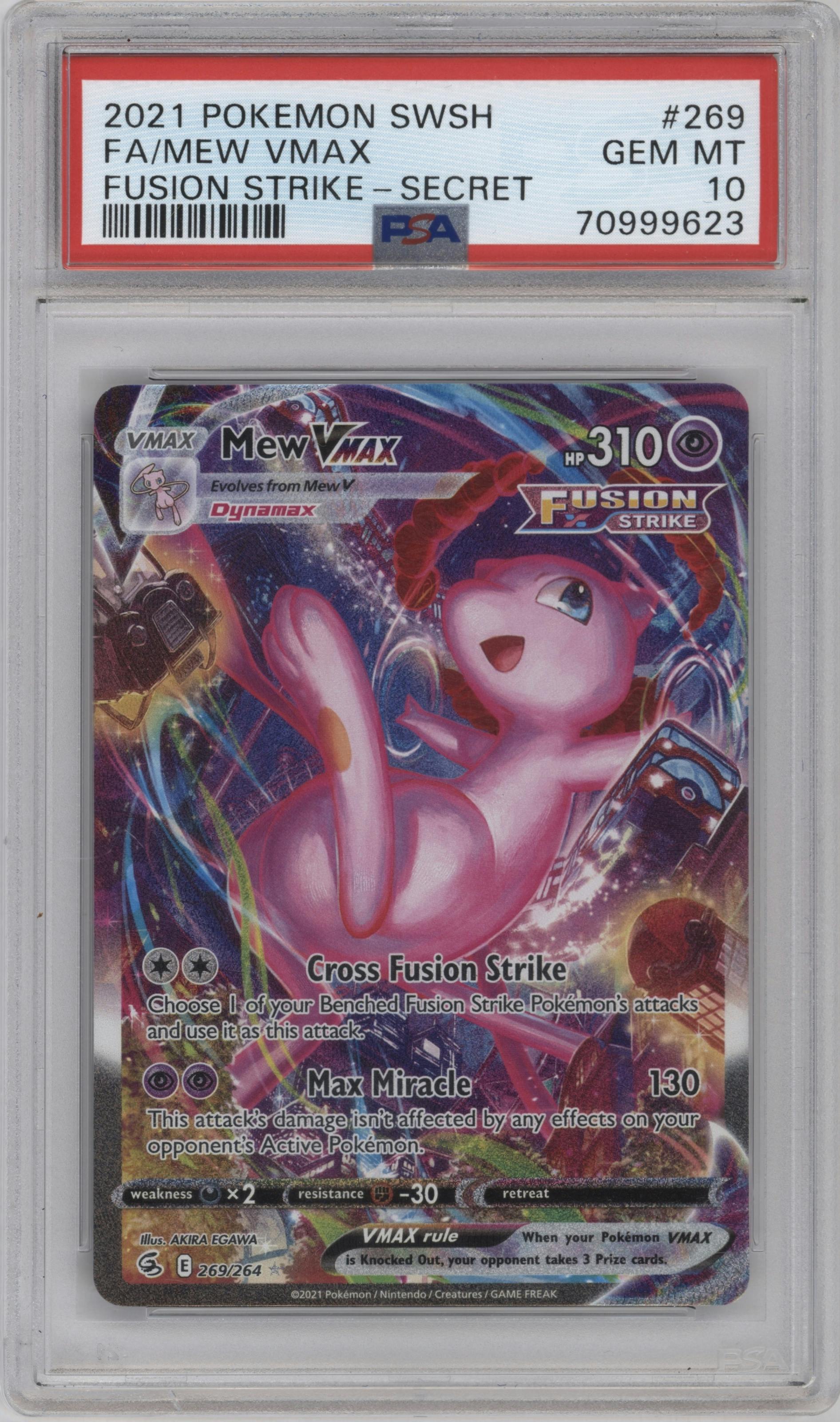 Mew VMAX from the 2021 Pokemon SWSH set graded by PSA and given an overall grade of 10.