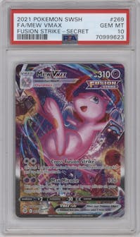 Mew VMAX from the 2021 Pokemon SWSH set graded by PSA and given an overall grade of 10.