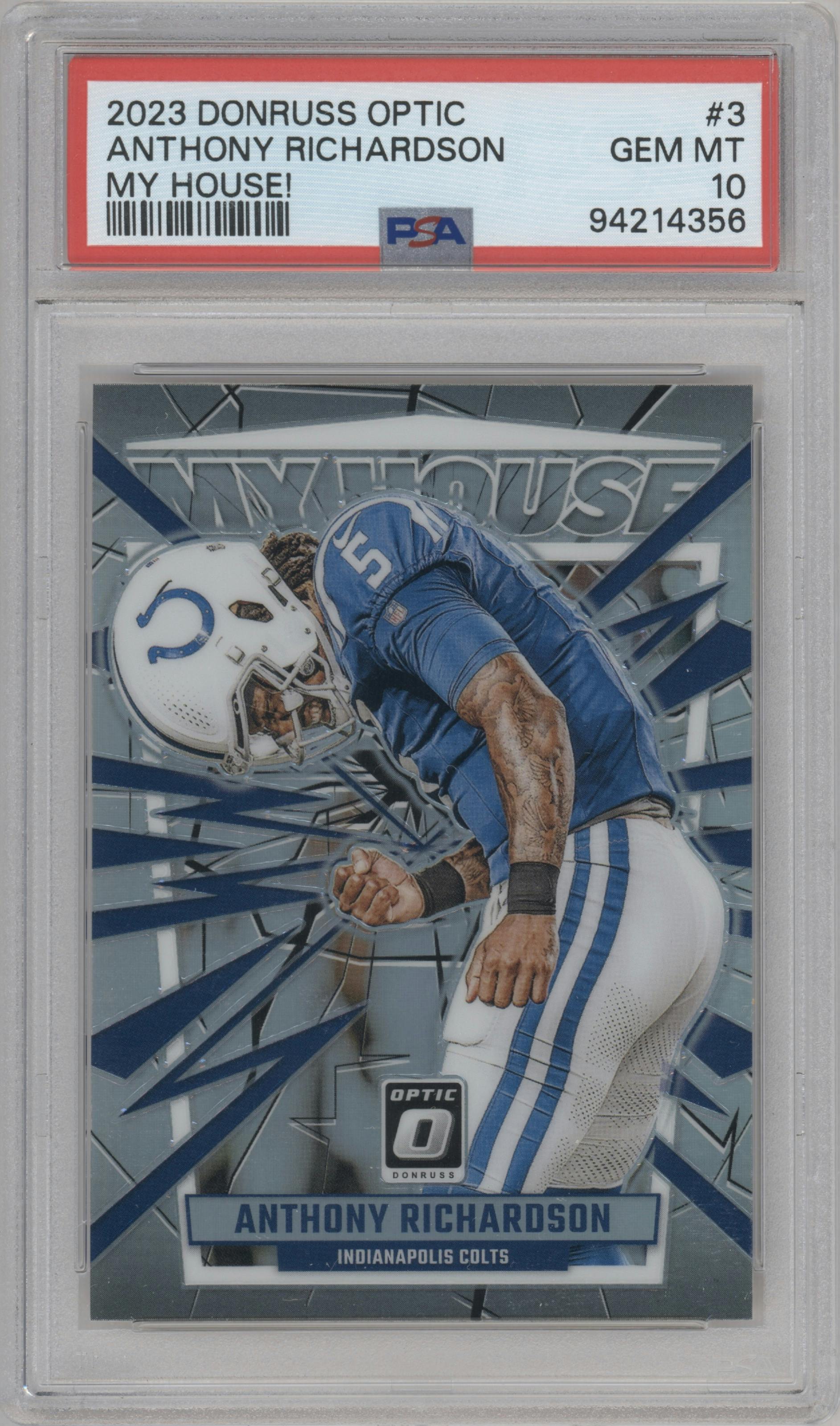 Anthony Richardson from the 2023 Donruss Optic set graded by PSA and given an overall grade of 10.