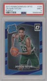 Jayson Tatum from the 2017-18 Panini Donruss Optic set featuring a Purple parallel graded by PSA and given an overall grade of 9.
