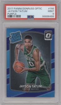 Jayson Tatum from the 2017-18 Panini Donruss Optic set featuring a Purple parallel graded by PSA and given an overall grade of 9.