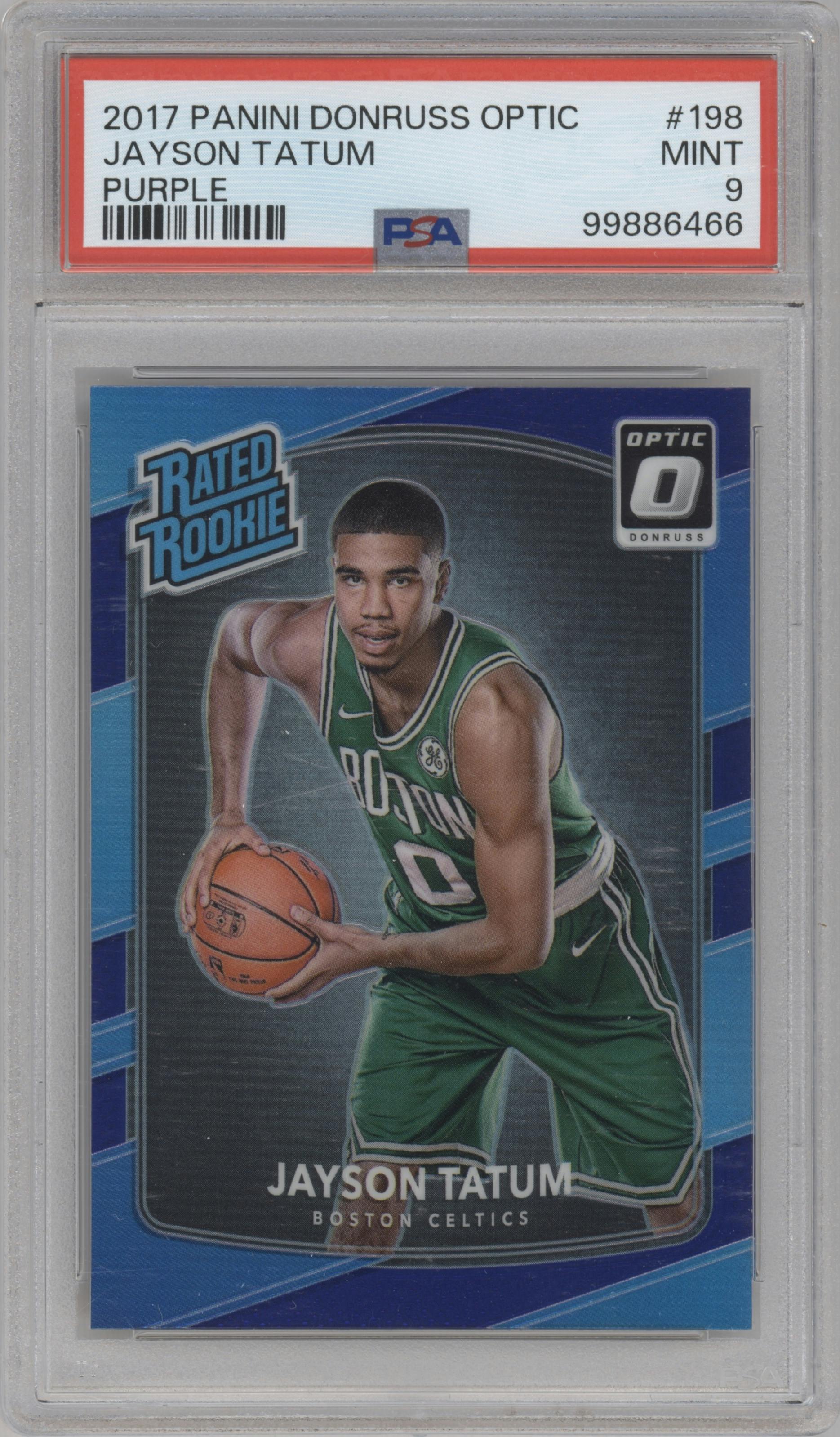 Jayson Tatum from the 2017-18 Panini Donruss Optic set featuring a Purple parallel graded by PSA and given an overall grade of 9.