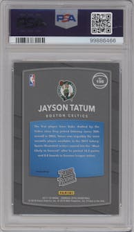 Jayson Tatum from the 2017-18 Panini Donruss Optic set featuring a Purple parallel graded by PSA and given an overall grade of 9.