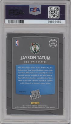 Jayson Tatum from the 2017-18 Panini Donruss Optic set featuring a Purple parallel graded by PSA and given an overall grade of 9.