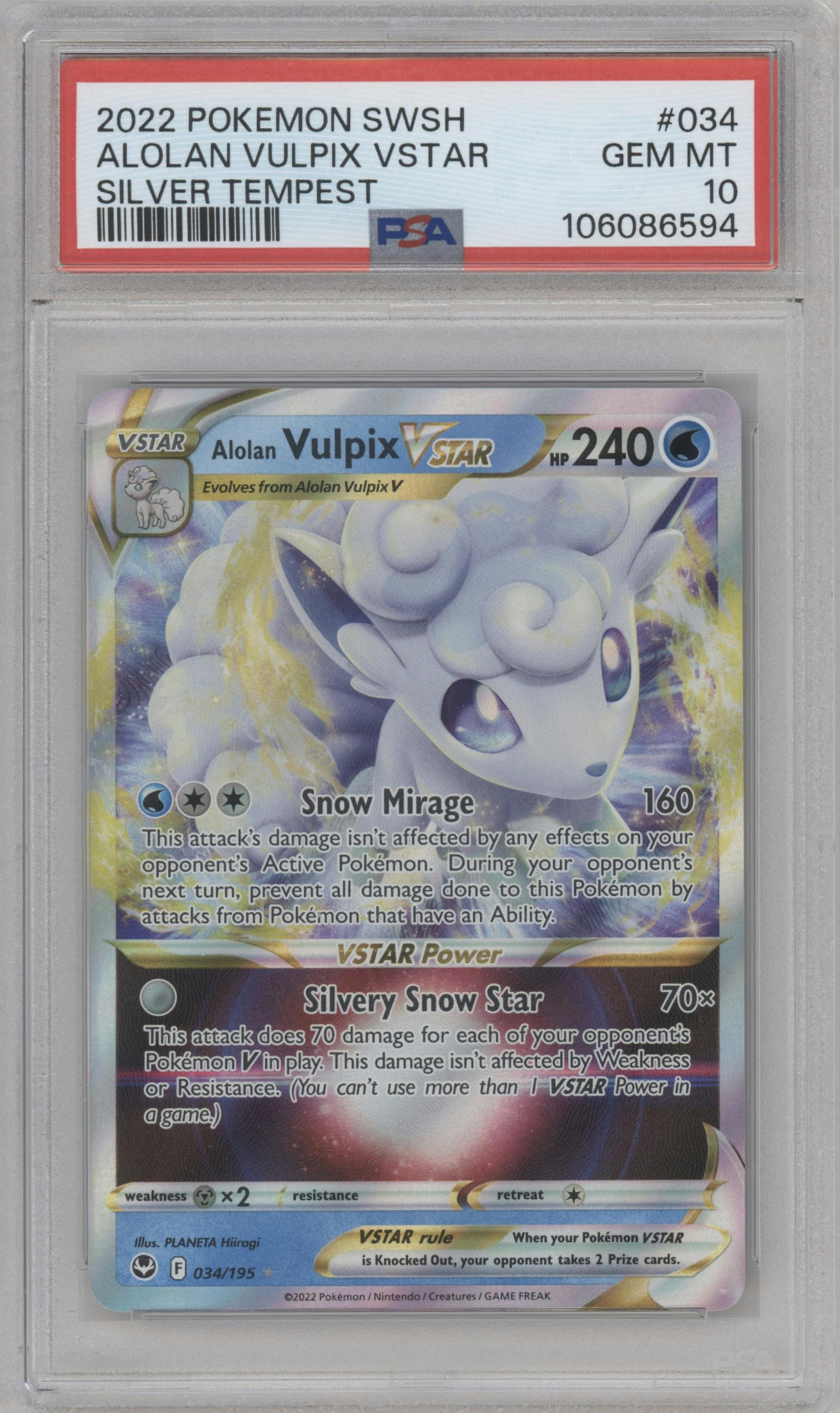 Alolan Vulpix VSTAR from the 2022 Pokemon SWSH set graded by PSA and given an overall grade of 10.