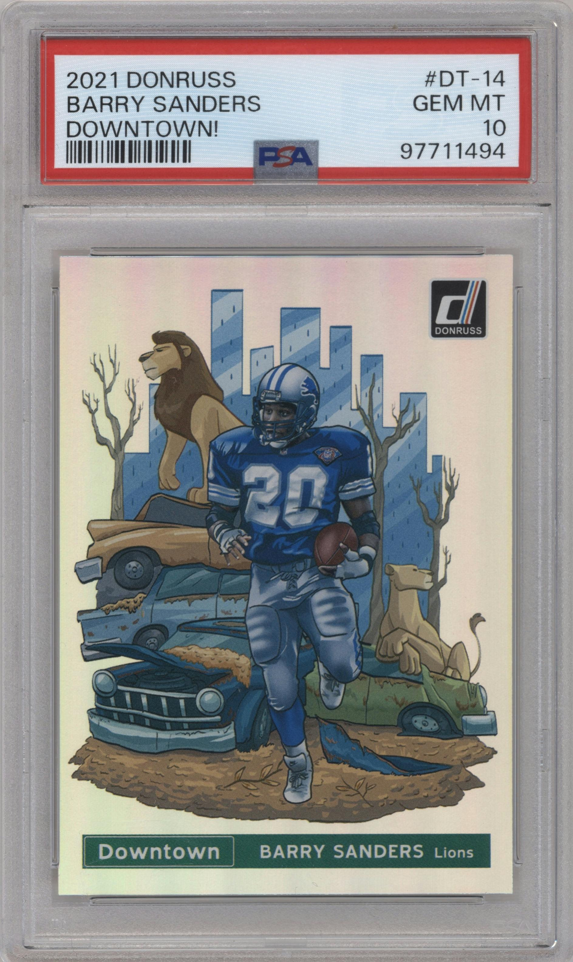 Barry Sanders from the 2021 Panini Donruss set graded by PSA and given an overall grade of 10.