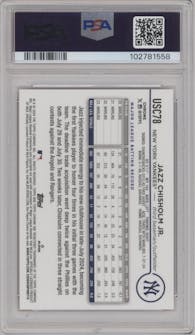 Jazz Chisholm Jr. from the 2024 Topps Chrome Update set featuring a Red Refractor parallel graded by PSA and given an overall grade of 10.
