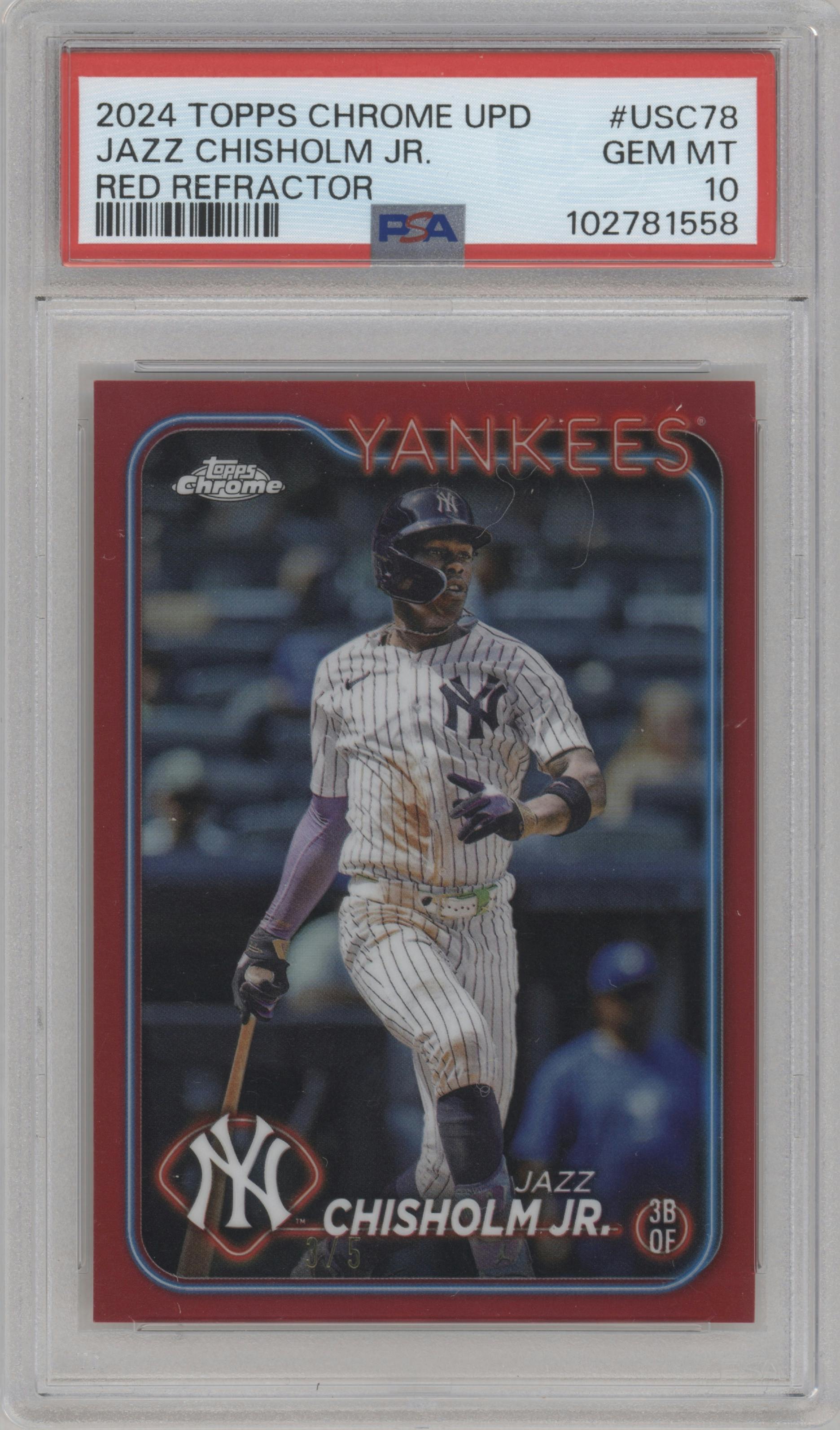 Jazz Chisholm Jr. from the 2024 Topps Chrome Update set featuring a Red Refractor parallel graded by PSA and given an overall grade of 10.