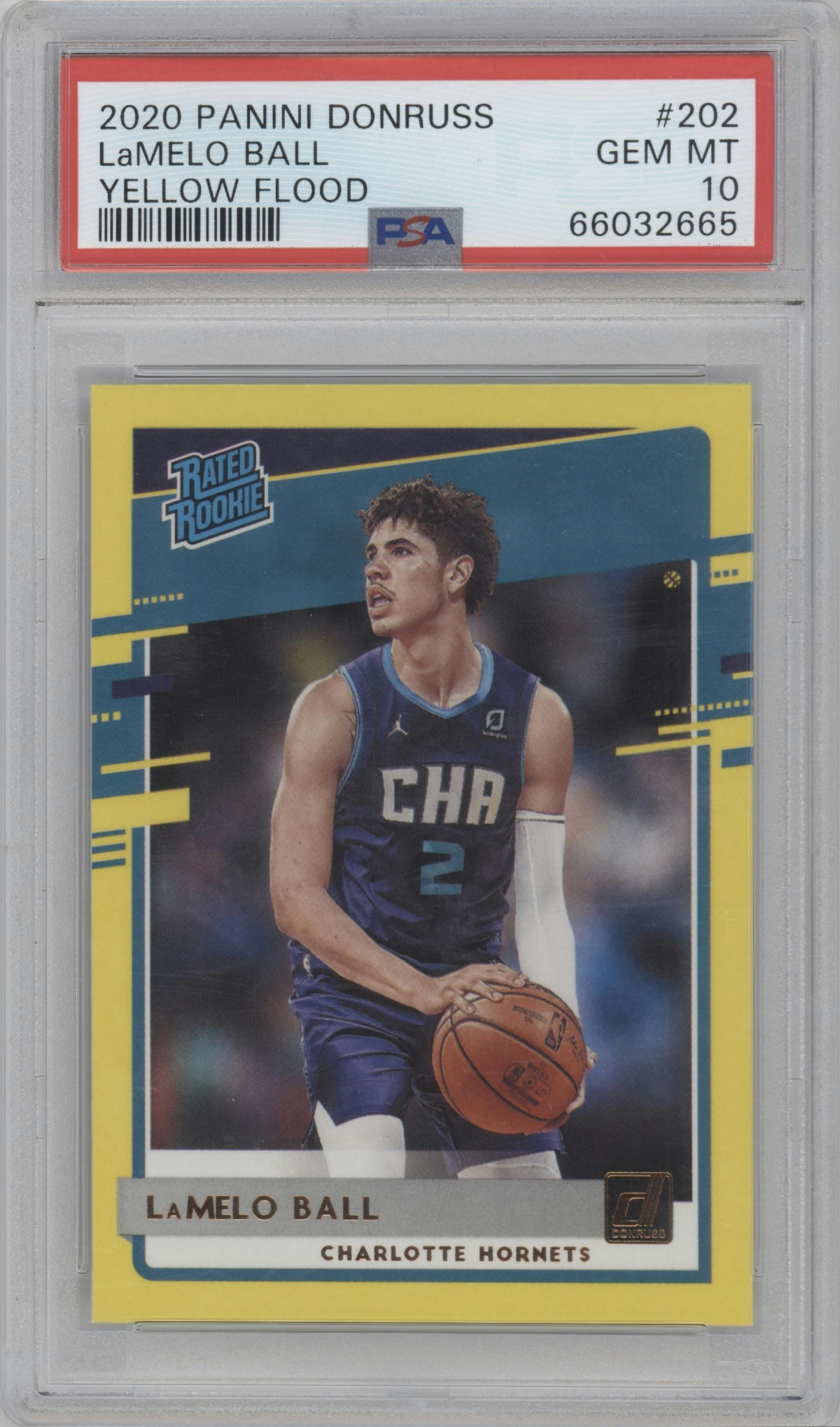 LaMelo Ball from the 2020-21 Panini Donruss set featuring a Yellow Flood parallel graded by PSA and given an overall grade of 10.